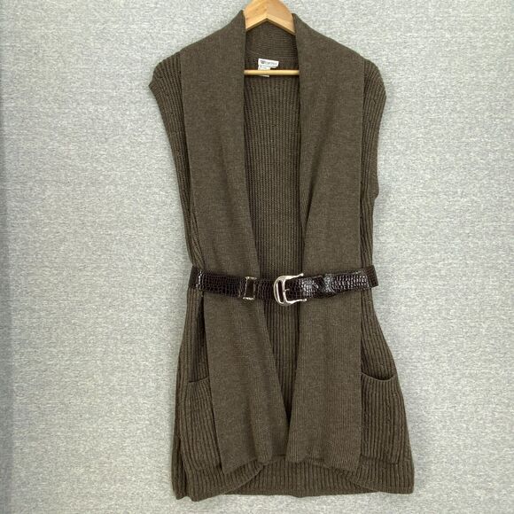 Worth Sweater Cardigan Womens Medium Brown Wool Shawl Collar Sleeveless Pockets - Picture 1 of 11